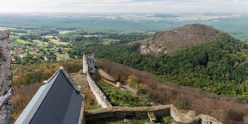 High angle view of castle and mountain