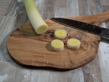 High angle view of bread on cutting board