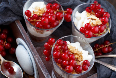 High angle view of strawberries in bowl on table