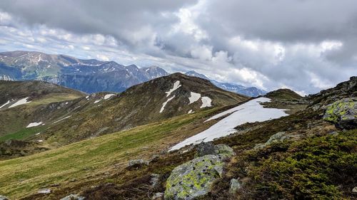 Scenic view of mountains against cloudy sky