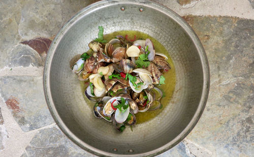 Directly above shot of clams in bowl