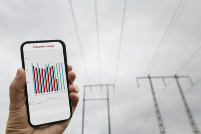 Hand with smartphone and power line in background