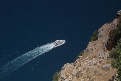 High angle view of boat on sea against sky