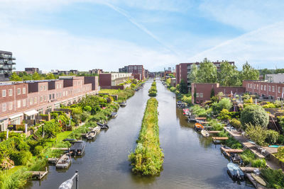Panoramic shot of canal amidst buildings in city against sky