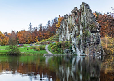 Scenic view of lake against clear sky during autumn