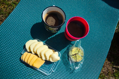 High angle view of coffee cup on table