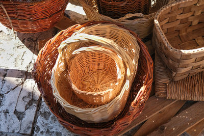 High angle view of wicker basket on table