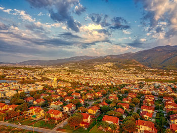 High angle view of townscape against sky