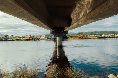 Bridge over river against sky in city