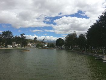 Scenic view of river against cloudy sky