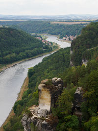 High angle view of river amidst landscape against sky