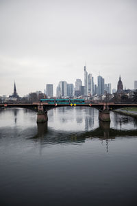 Bridge over river with buildings in background