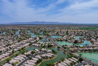 High angle view of cityscape against sky