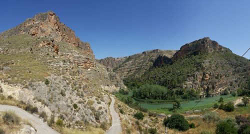 Panoramic view of mountains against clear blue sky