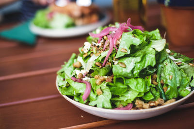 Close-up of salad served in bowl on table