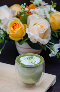 High angle view of drink on table