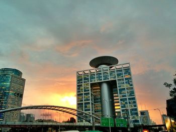 Low angle view of modern building against cloudy sky