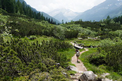 Rear view of woman hiking on mountain against sky