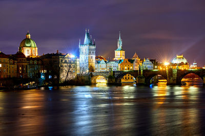 Illuminated buildings in city at night