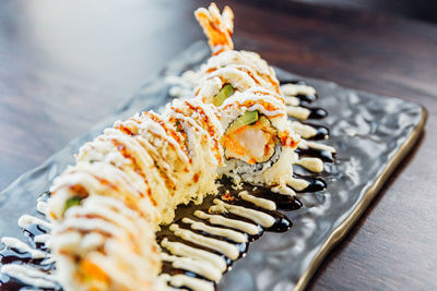 Close-up of sushi in plate on table