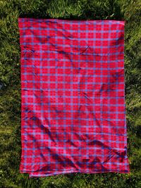 Close-up of chequered cloth on grass