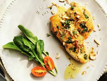 High angle view of pizza served in plate