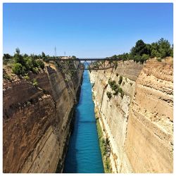 High angle view of corinth canal against clear sky