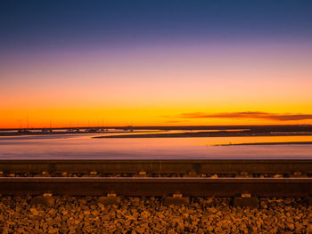 Scenic view of railroad tracks against sky during sunset