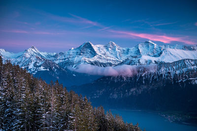 Scenic view of snow covered mountains against sky during winter