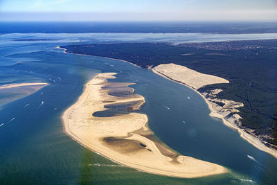 High angle view of sea shore against sky