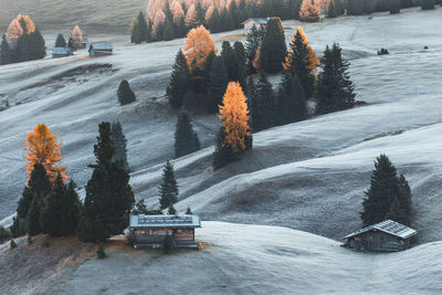 Scenic view of houses on land during winter