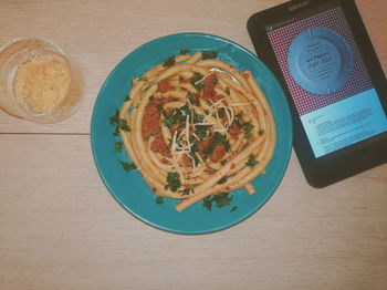 Directly above shot of soup served on table