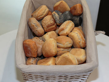 High angle view of bread in basket on table