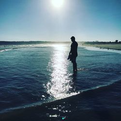 Man on sea against clear sky