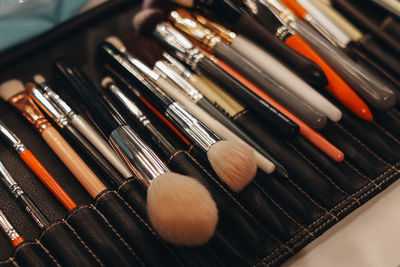 Assorted makeup brushes in a black leather case, accessories for makeup artists