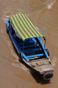 High angle view of boat moored on river