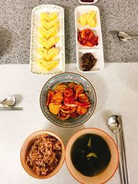 High angle view of food served on table