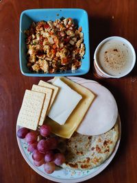 High angle view of breakfast on table