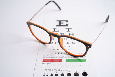 Close-up of eyeglasses on white background