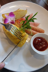 High angle view of food in plate on table