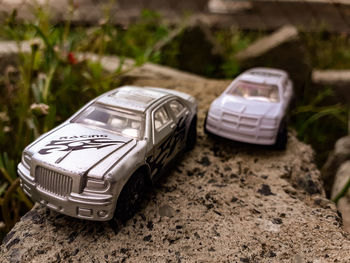 Close-up of toy car on field