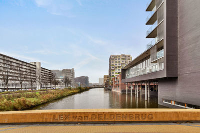 Buildings by river against sky in city