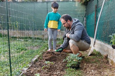 Father and child with short dark hair planting seedlings in their garden