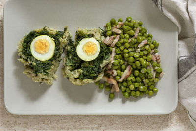 High angle view of breakfast served on table