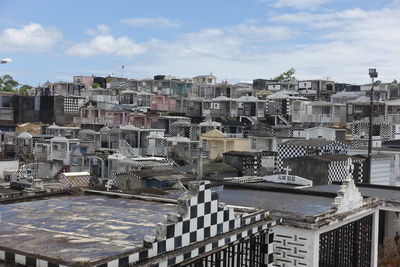 High angle view of buildings in city against sky