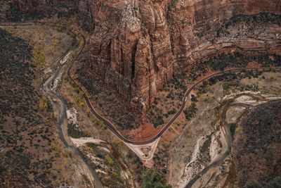 Aerial view of road passing through desert