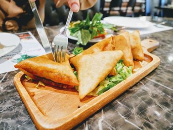 Close-up of served food on table