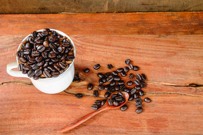 High angle view of coffee beans on table