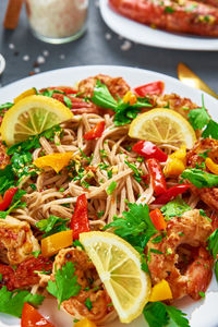 Stir fry noodle with shrimps, asian cuisine, cooked soba