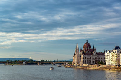 View of buildings by river against cloudy sky